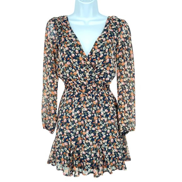 Trixxi Floral Sheer Long Sleeve V-Neck Mini Dress Navy Blue Orange Size Small - Picture 1 of 12